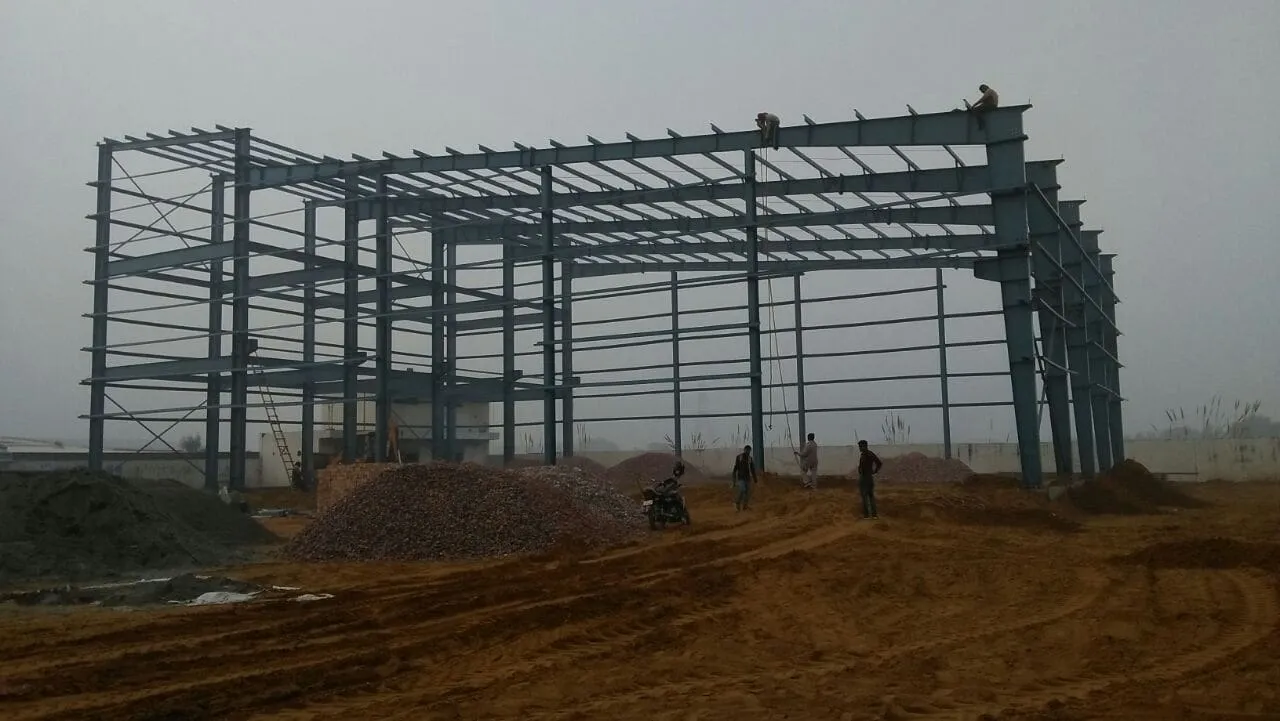 Steel building frame under erection
